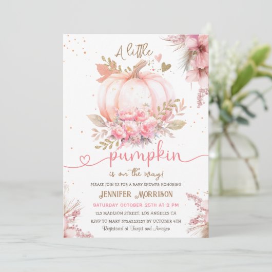 Little Pumpkin Baby Shower Girl Pink Herbst Herbst Einladung (Stehend Vorderseite)