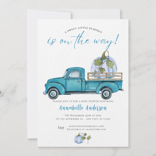 Little Pumpkin Blue Aquarell Kinderdusche Einladung (Vorderseite)