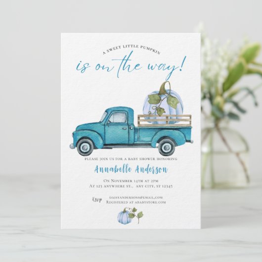 Little Pumpkin Blue Aquarell Kinderdusche Einladung (Stehend Vorderseite)