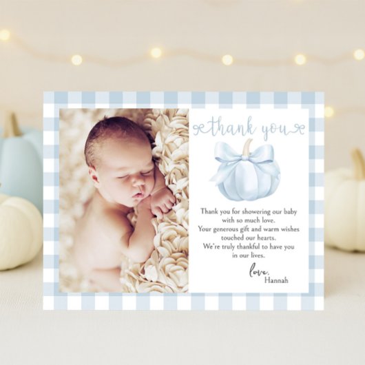Little Pumpkin Blue Bow Foto Baby Dusche Dankeskarte