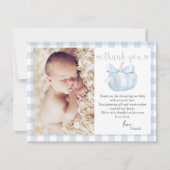 Little Pumpkin Blue Bow Foto Baby Dusche Dankeskarte (Vorderseite)