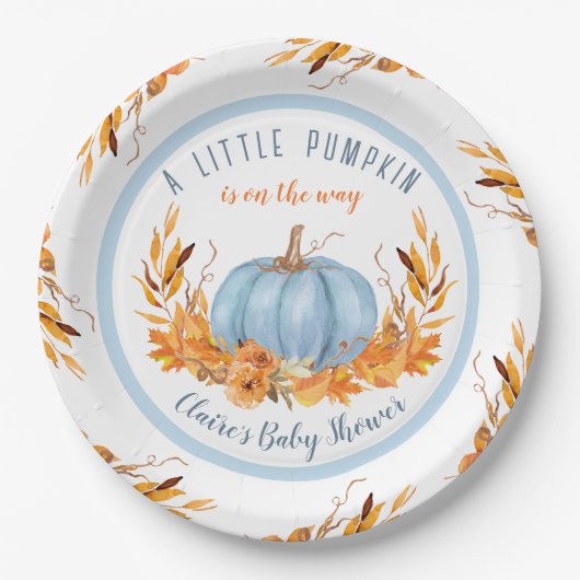 Little Pumpkin Blue Fall Boy Baby Shower Pappteller (Vorderseite)