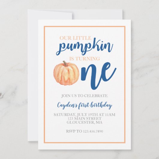 Little Pumpkin Blue Fall First Birthday Einladung (Vorderseite)
