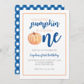 Little Pumpkin Blue Fall First Birthday Einladung (Vorne/Hinten)