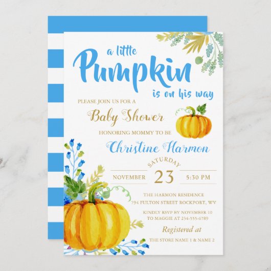 Little Pumpkin Blue Garden Baby Dusche Einladung (Vorne/Hinten)