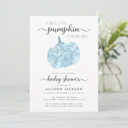Little Pumpkin Blue Glitzer Sparkle Baby Dusche Einladung (Stehend Vorderseite)