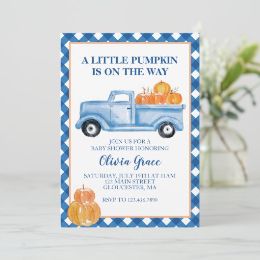 Little Pumpkin Blue LKW Fall Baby Dusche Einladung (Stehend Vorderseite)