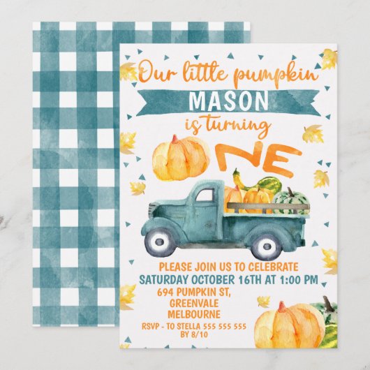 Little Pumpkin Blue Truck 1. Geburtstag Einladung (Vorne/Hinten)