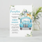 Little Pumpkin Blue Truck Baby Dusche Einladung (Stehend Vorderseite)