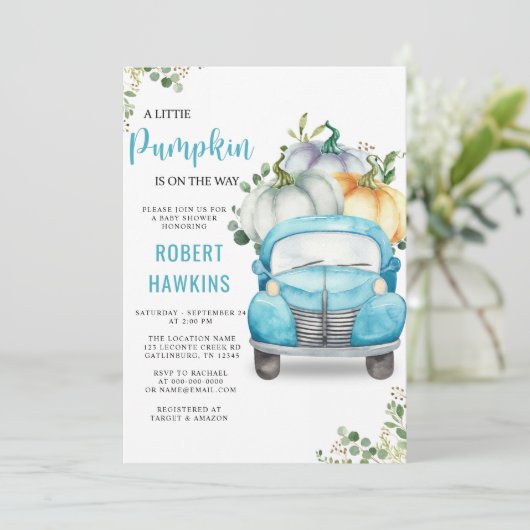 Little Pumpkin Blue Truck Baby Dusche Einladung (Stehend Vorderseite)