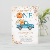 Little Pumpkin Blue Truck Erster Geburtstag Einladung (Stehend Vorderseite)