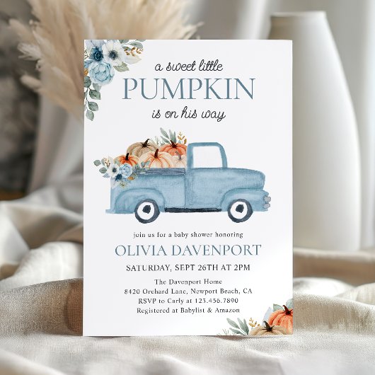 Little Pumpkin Blue Truck Fall Boy Baby Dusche Einladung
