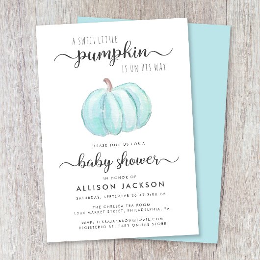 Little Pumpkin Blue Watercolor Baby Boy Dusche Einladung