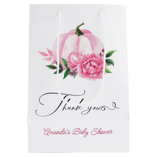 Little Pumpkin Blush Pink Rustic Baby Dusche Mittlere Geschenktüte (Rückseite)