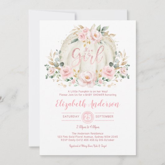 Little Pumpkin Blush Rose Gold Floral Baby Dusche Einladung (Vorderseite)