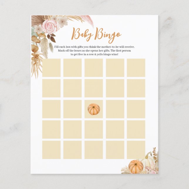 Little Pumpkin Boho Baby Shower Bingo Card (Vorderseite)