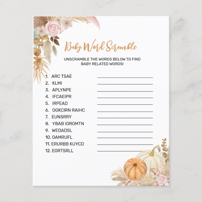Little Pumpkin Boho Baby Shower Word Scramble Game (Vorderseite)