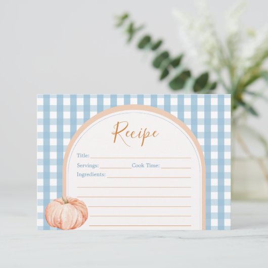 Little Pumpkin Boho Blue Gingham Recipe Card (Stehend Vorderseite)