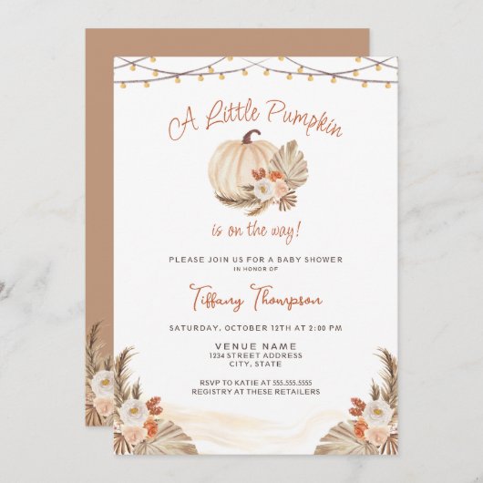 Little Pumpkin Boho Pampas Grass Fall Baby Dusche Einladung (Vorne/Hinten)