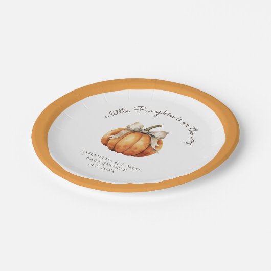 Little Pumpkin Bow Minimal Neutral Baby Dusche Pappteller (Schrägansicht)