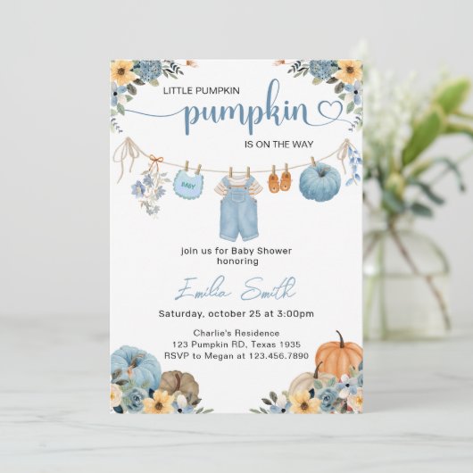 Little Pumpkin Boy Clothesline Baby Dusche Einladung (Stehend Vorderseite)