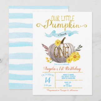 Little Pumpkin Boy Gold Blue Herbst 1. Geburtstag Einladung