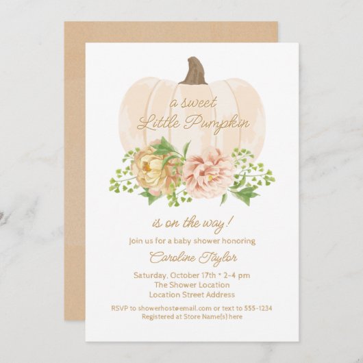 Little Pumpkin Cream Floral Baby Dusche Einladung (Vorne/Hinten)