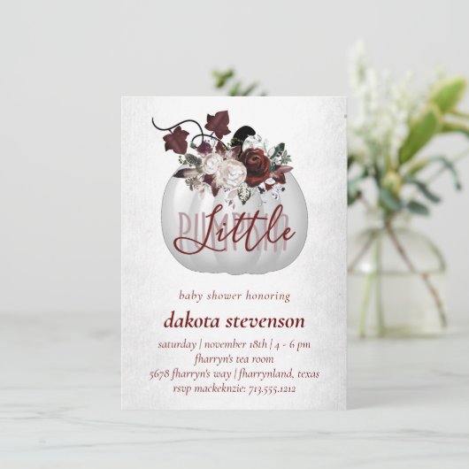 Little Pumpkin | Dark Red Pink Floral Baby Dusche Einladung (Stehend Vorderseite)
