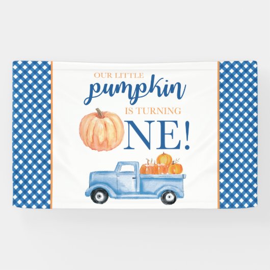 Little Pumpkin Erster Geburtstag blauer LKW karier Banner (Horizontal)