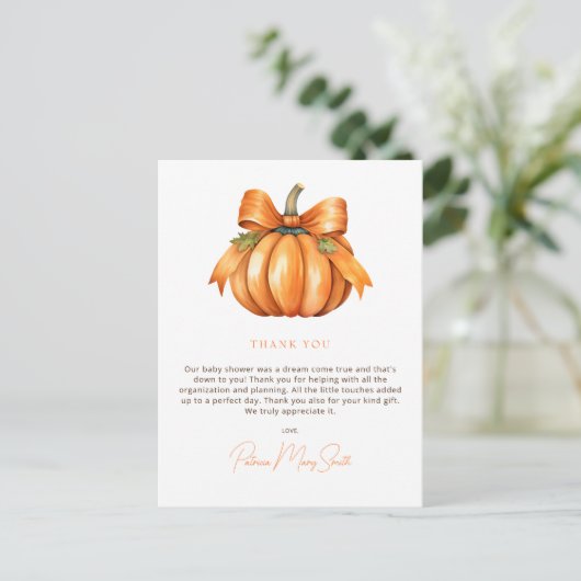 Little Pumpkin Fall Baby Dusche Danke Postkarte (Stehend Vorderseite)