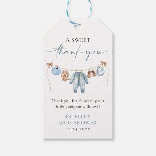 Little Pumpkin Fall Blue Boy Baby Shower Fevor Geschenkanhänger (Vorderseite)