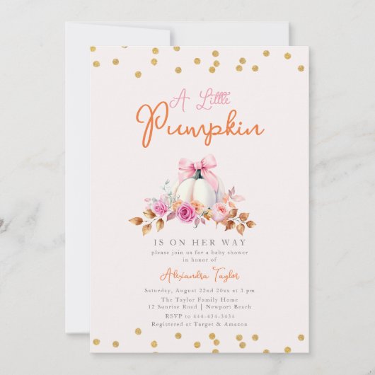 Little Pumpkin Fall Coquette Bow Girl Babydusche Einladung (Vorderseite)