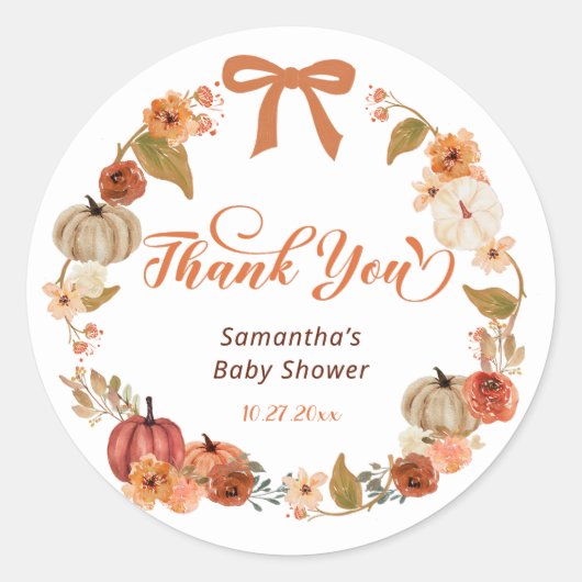 Little Pumpkin Fall Floral Baby Dusche Danke Runder Aufkleber (Vorderseite)