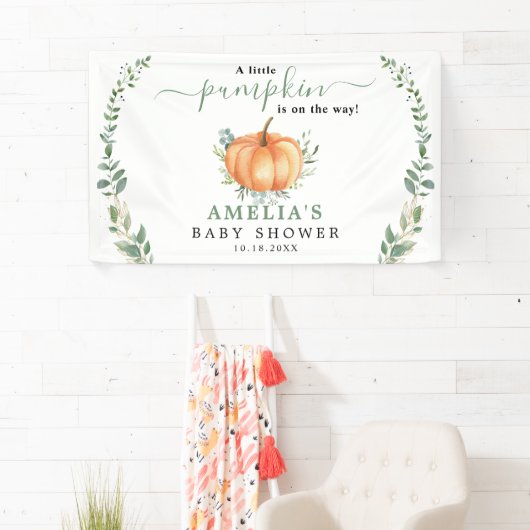 Little Pumpkin Fall Greenery Gold Baby Dusche Banner (Insitu)