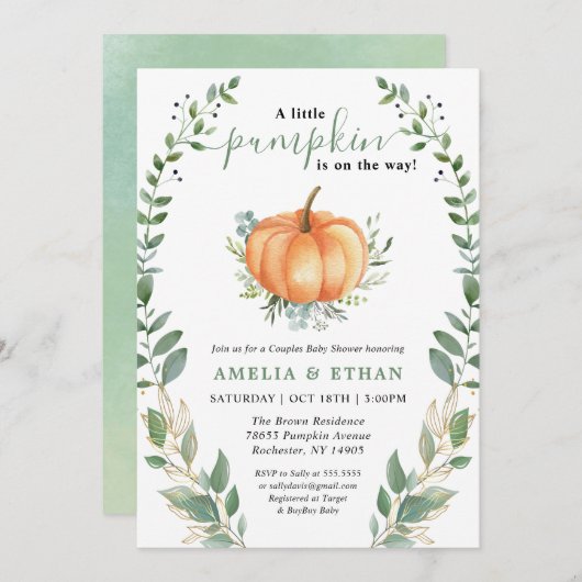 Little Pumpkin Fall Greenery | Paare Babydusche Einladung (Vorne/Hinten)