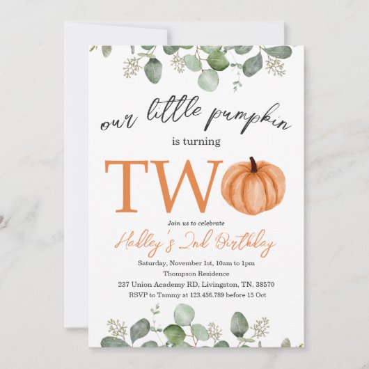 Little Pumpkin Fall / Herbst 2. Geburtstag Einladung (Vorderseite)