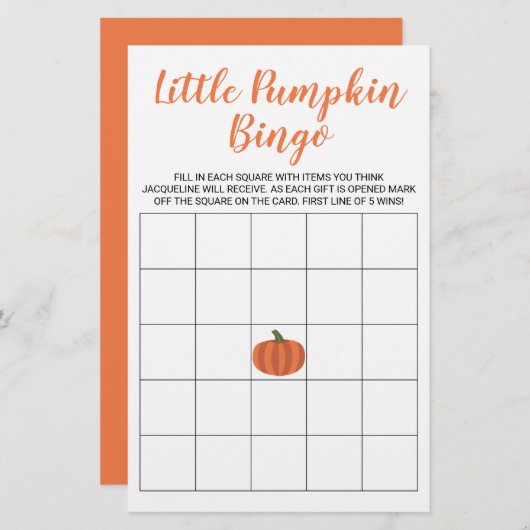 Little Pumpkin Fall Herbst Baby Shower Bingo Card (Vorne/Hinten)