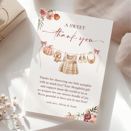 Little Pumpkin Fall Pink Floral Girl Babydusche Dankeskarte