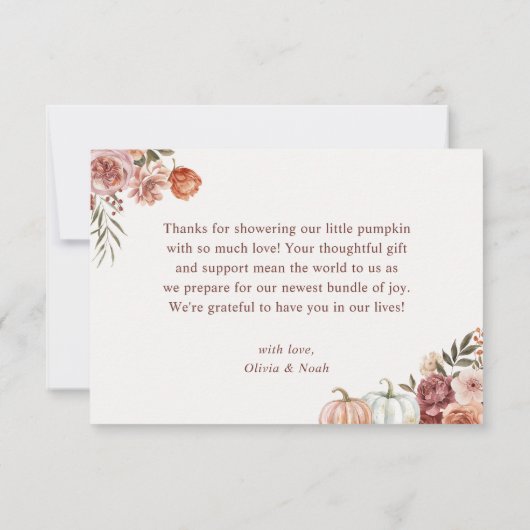 Little Pumpkin Fall Pink Floral Girl Babydusche Dankeskarte (Rückseite)