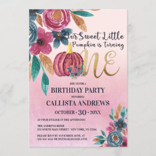 Little Pumpkin Fall Pink Gold Floral 1. Geburtstag Einladung