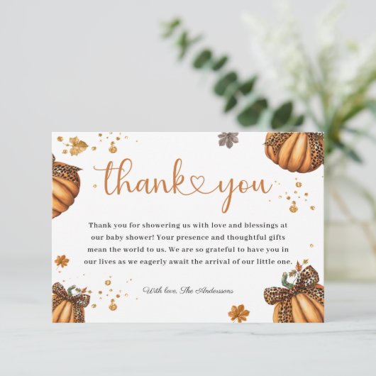 Little Pumpkin Fall Retro Leopard Bow Baby Dusche Dankeskarte (Stehend Vorderseite)
