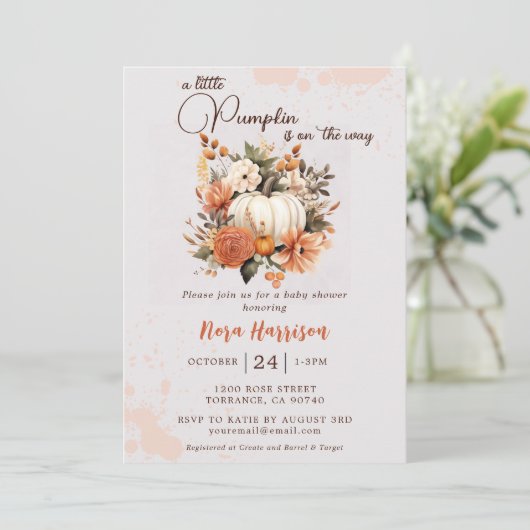 Little Pumpkin Fall Wildblume Pattern Kinderdusche Einladung (Stehend Vorderseite)