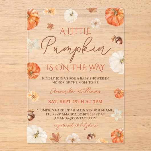Little Pumpkin Floral Fall Baby Shower Acryleinladungen (Vorderseite)