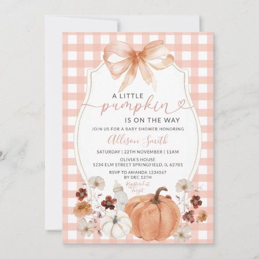 Little Pumpkin Floral Orange Gingham Baby Shower Einladung (Vorderseite)