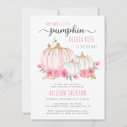 Little Pumpkin Floral Watercolor Kindermädchendusc Einladung (Vorderseite)