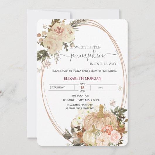 Little Pumpkin Frame Blume Wood Baby Dusche Einladung (Vorderseite)