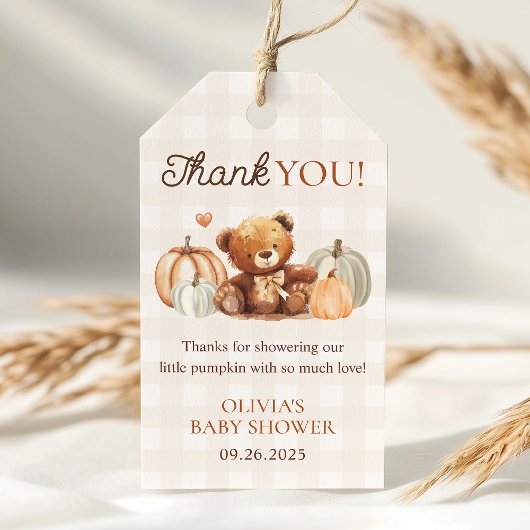 Little Pumpkin Gingham Bear Fall Baby Shower Gevor Geschenkanhänger