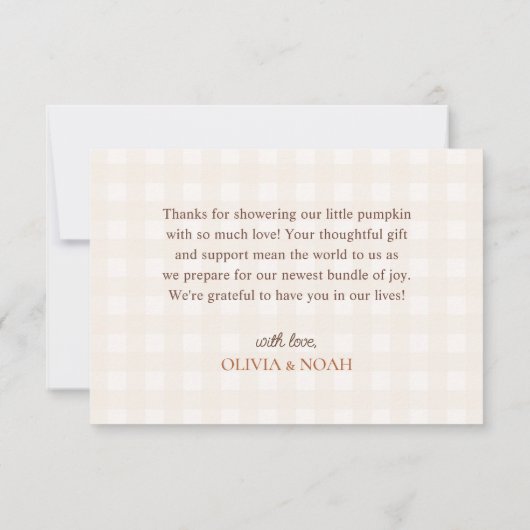 Little Pumpkin Gingham Teddy Bear Fall Baby Shower Dankeskarte (Rückseite)