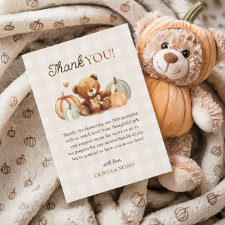 Little Pumpkin Gingham Teddy Bear Fall Baby Shower Dankeskarte