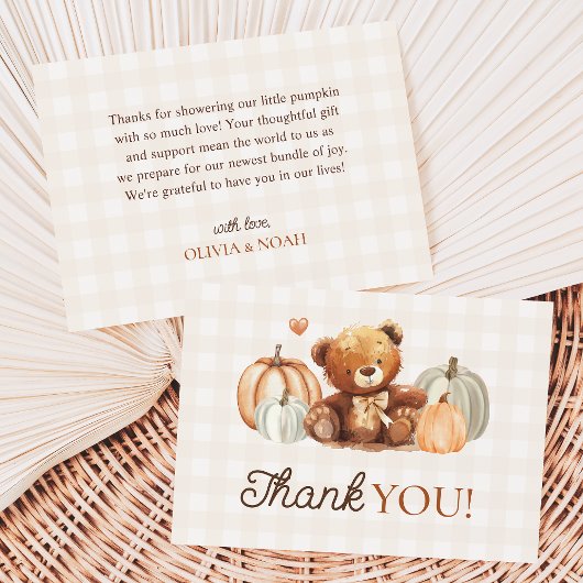 Little Pumpkin Gingham Teddy Bear Fall Baby Shower Dankeskarte